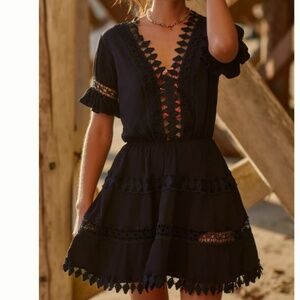 NWOT ANTHROPOLOGIE Peixoto Black Embroidered Lace Cover-Up Mini Dress SIZE M